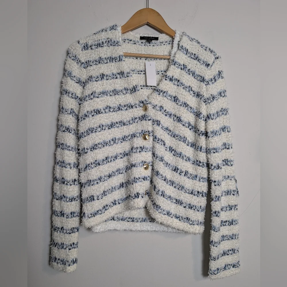 Ann Taylor Cardigan Set Tweed Stripe Gold Button Blue White Fuzzy Sweater Sz S
